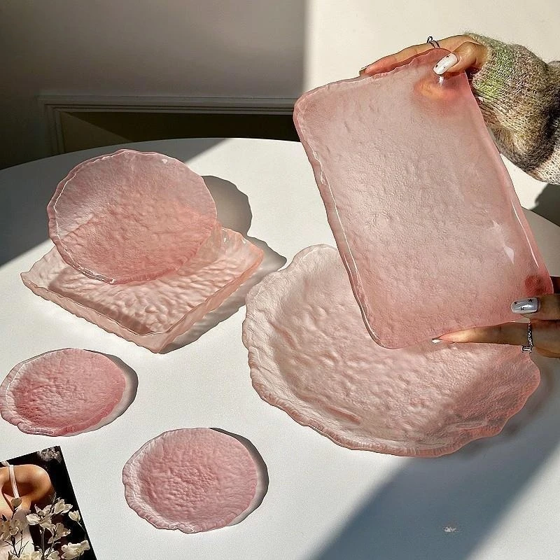 Irregular Pink Glacier Glass Dessert Plate, Ins Style Fruit Snack Serving Dish with Ice Pattern Texture for Home