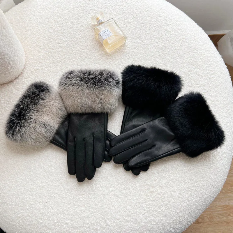 Women's Winter Warm Suede Rabbit Fur Gloves Student Thickened Waterproof Riding Cotton Gloves Real Fur Fingerless Gloves