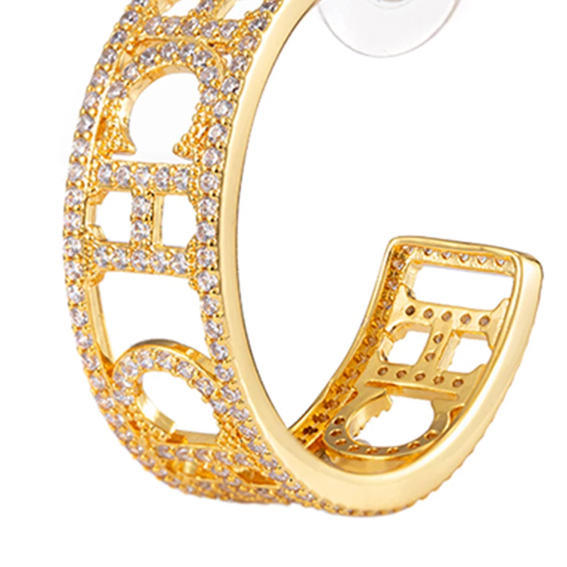أقراط مجوفة على شكل CH C مرصعة بالزركون بالكامل باللون الذهبي والفضي وتصميم عتيق فاخر للحفلات اليومية