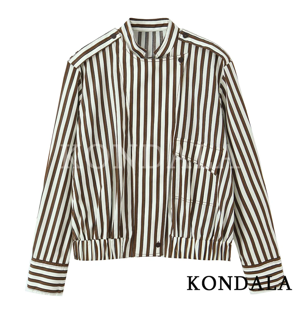 

KONDALA Trendy Casual Coffee Striped Shirt Women High Street Jacket Style Shirt 2026 Spring Fashion Elegant Vintage Female Shirt