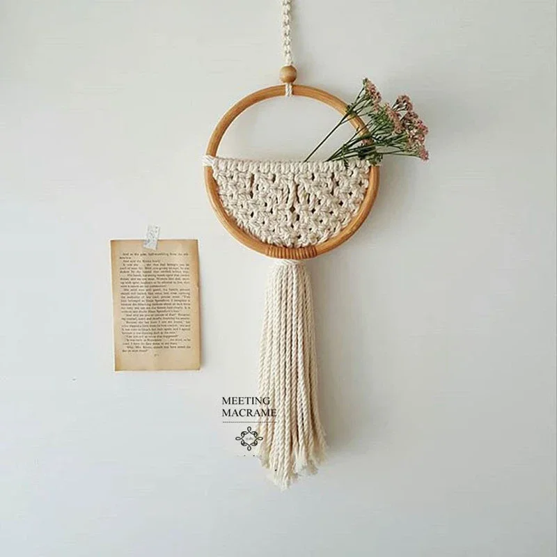 Macrame Wall Hanging Nordic Ins Door Wall Decoration Home Background Round Wall Tapestry Woven Flower Pot Dorm Room Decor