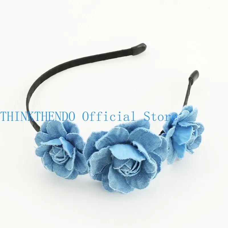 

652F Unique Washed-Denim Headbands for Woman Non-slip Headbands with Rose Headband for Girls Washing Face Sports