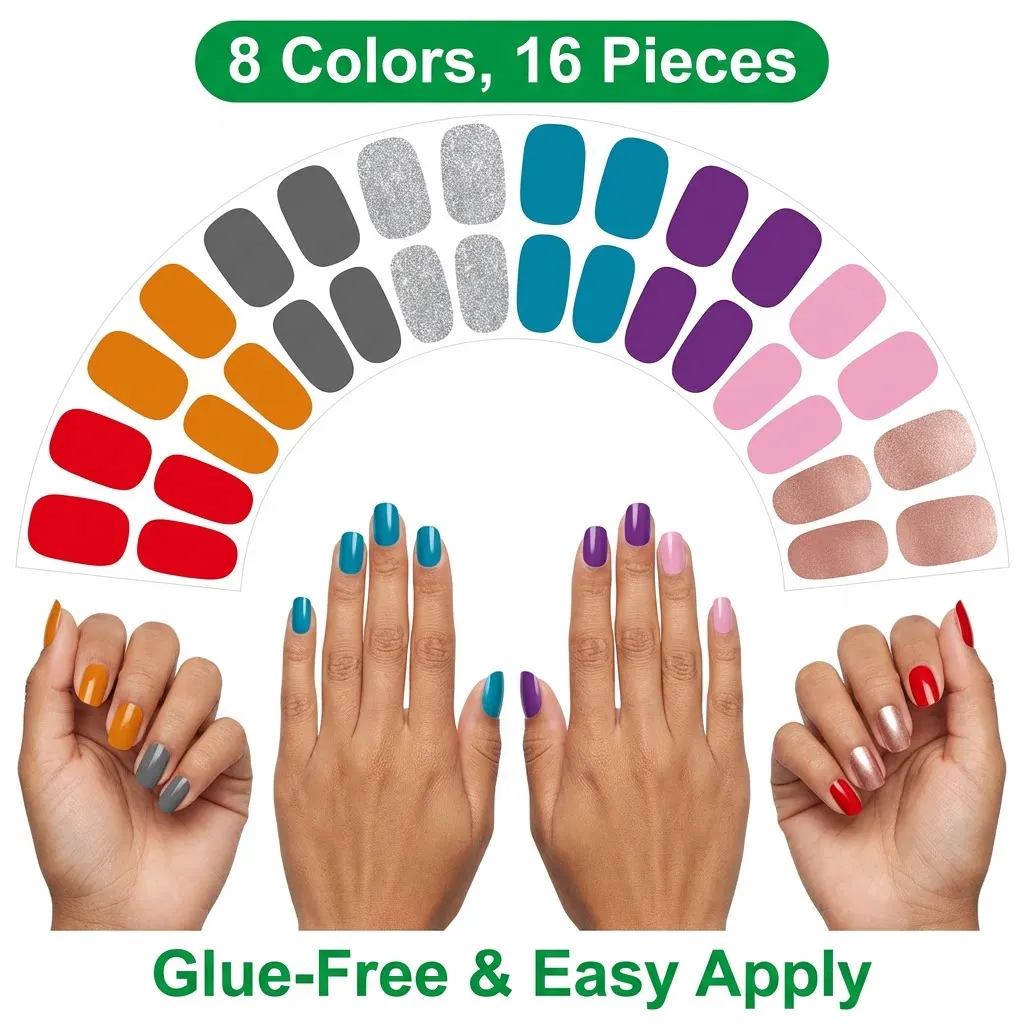 8 Sheet Nail Sticker Full Wrap Nail Strips Pink Nail Glitter Self Adhesive Gel Nail Sticker Women Self Nail Supplies Manicure