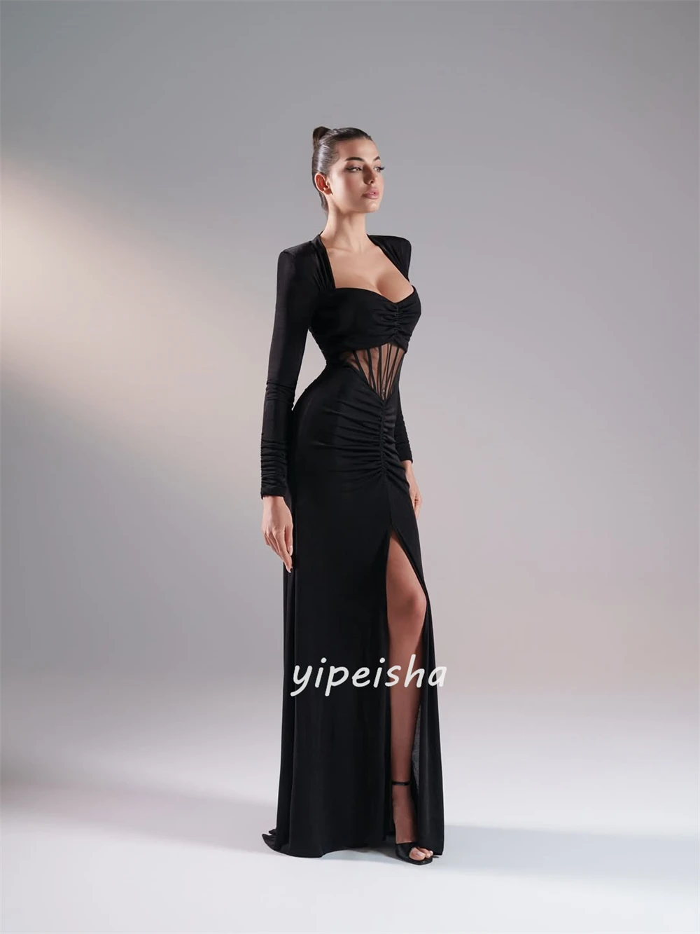 Customized Classic Simple Jersey Ruched Pleat Straight Square Neck Long Dresses Bespoke Occasion Dresses Modern Style Matching