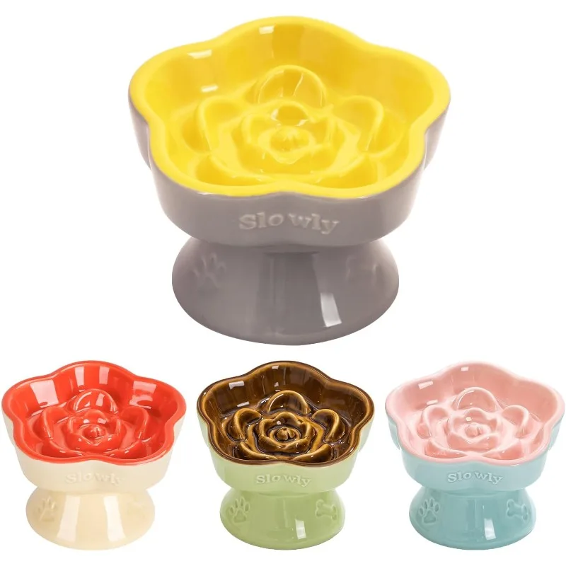 

Керамическая приподнятая миска для медленного кормления кошек и маленьких собак - Миска для еды в форме цветка с лабиринтом для медленного поедания, дизайн против рвоты