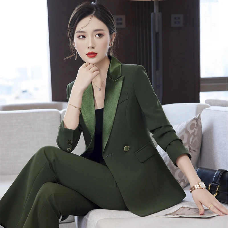 Woman's French Casual Satin Stitching Blazers Bell Bottoms Suits Commuter Retro Solid Color Waist Suit Trousers Two-piece Sets