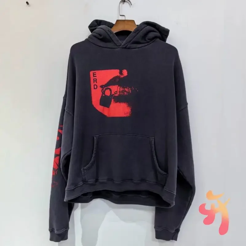 

Vinatge Hiphop Street ERD Hoodies Red Abstract Printed Lock Hooded Sweatshirt Casual Loose Washed Black Cotton Hoodys Men Women