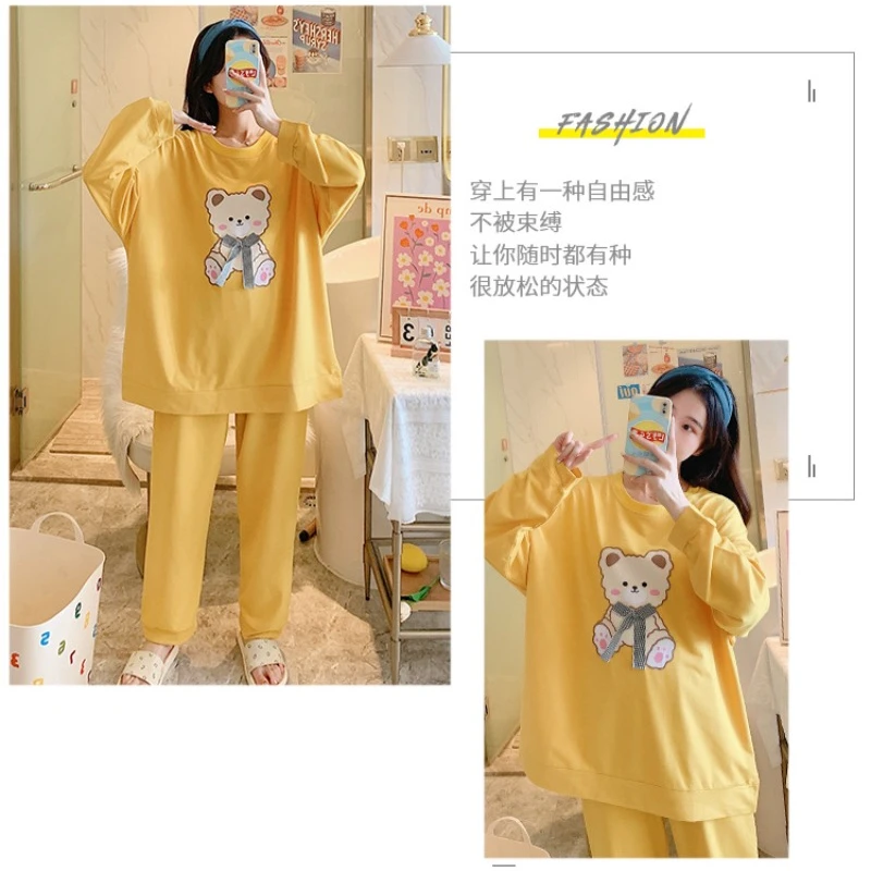2XL-5XL Plus Size Cotton Sleepwear Women Korean Version Cartoon Long-sleeved Home Suit Loose Two-piece Set Can Be Worn Outside