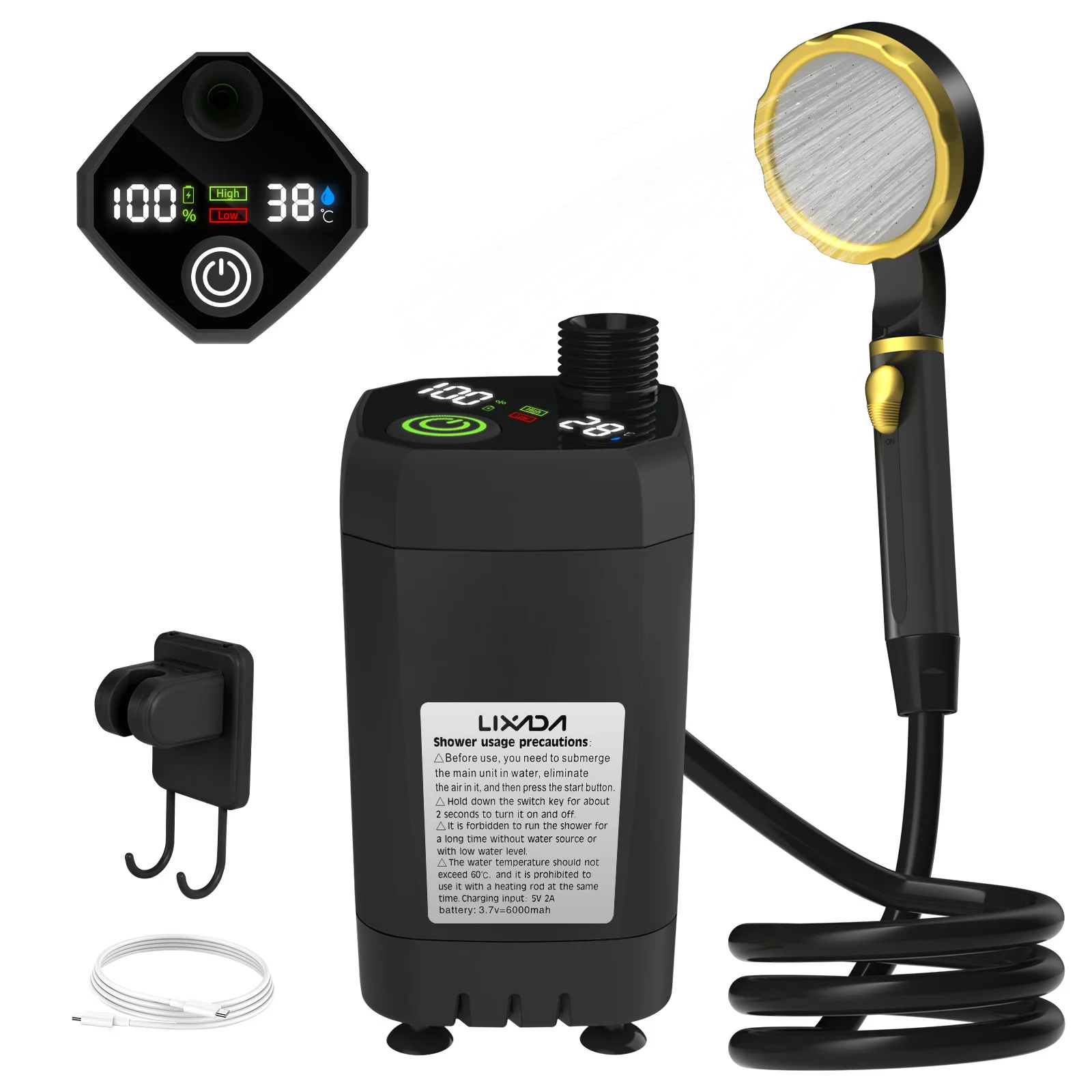 Campingdouchepomp RV buitendoucheset Kampdouche met volledig scherm Intelligent digitaal display Verstelbare 6000mAh doucheset