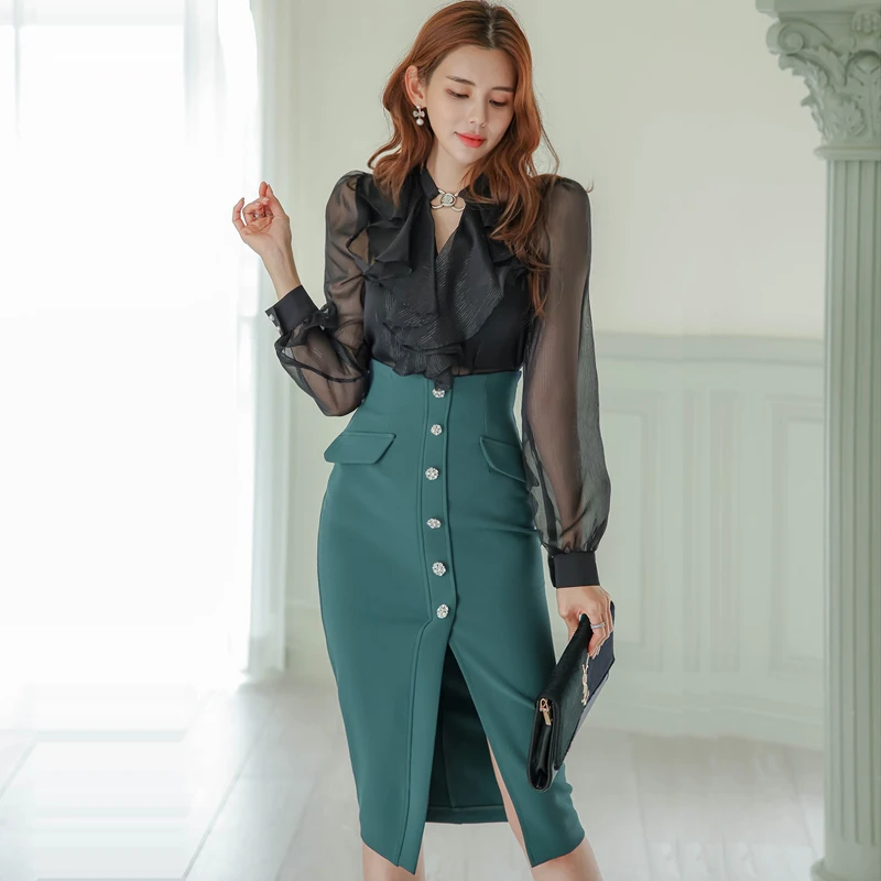 

Formal Set Black Ruffled Shirt + Green Single Breast Split Skirt 2023 Slim Bodycon Office Lady Work 2 Pieces Suit