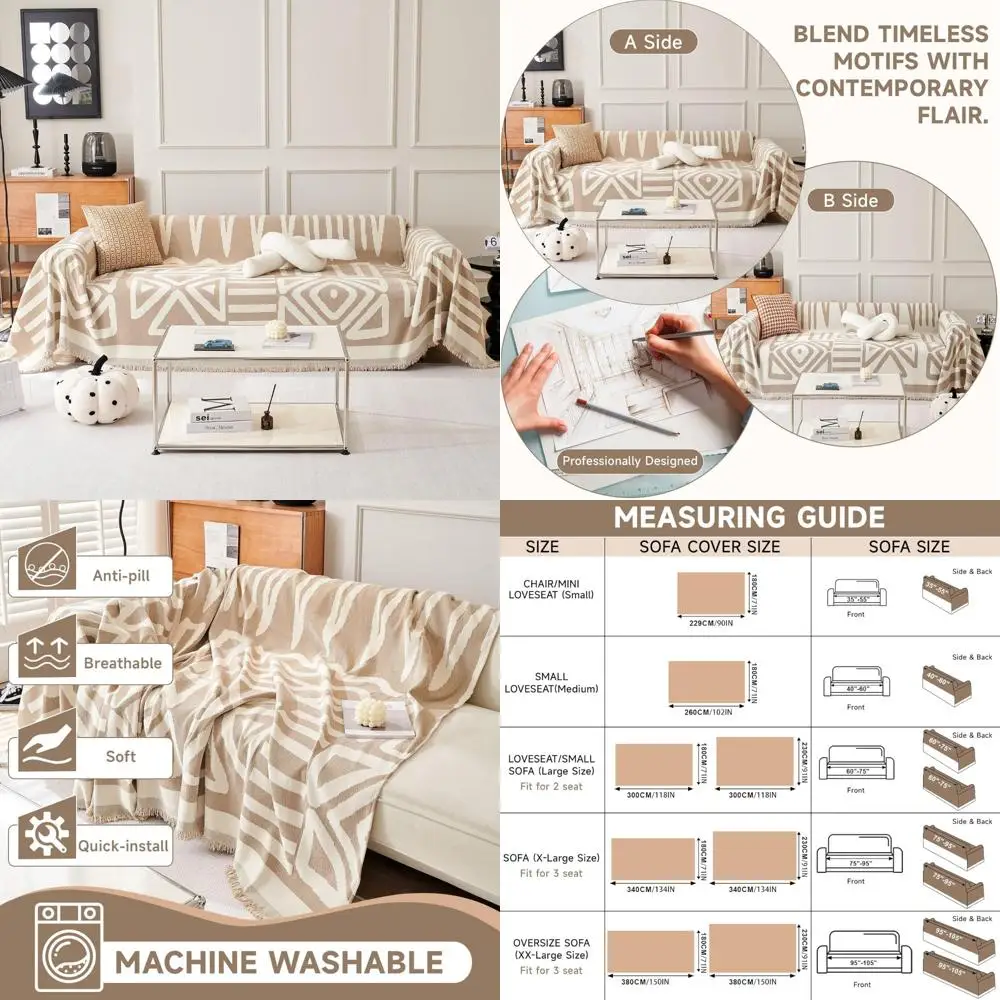 

3 Cushion Sofa Cover - Modern Khaki Chenille Sectional Couch Cover for Dogs, Washable Sofa Slipcover with Bohemian Style