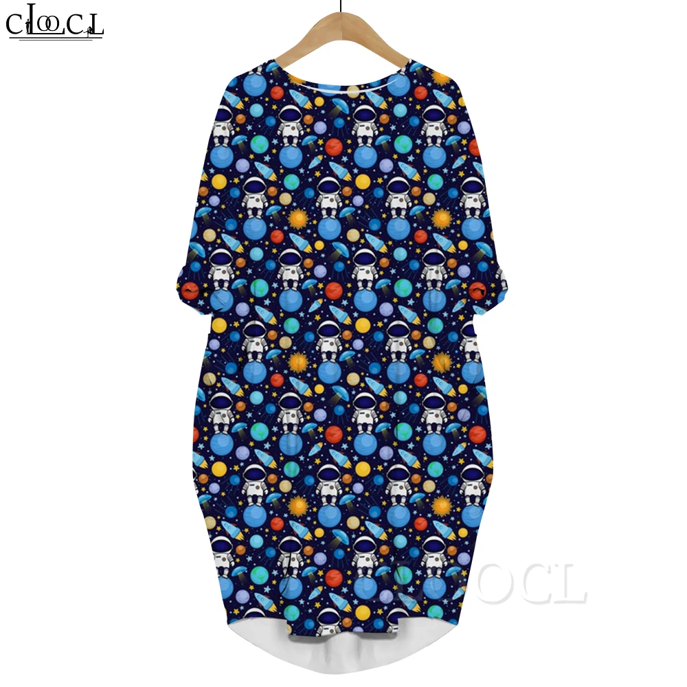 CLOOCL Loose Women Dresses Cartoon Outer Space Astronauts Print Pockets Midi Dress Round Neck Pullover Robe Kawaii Vestidos