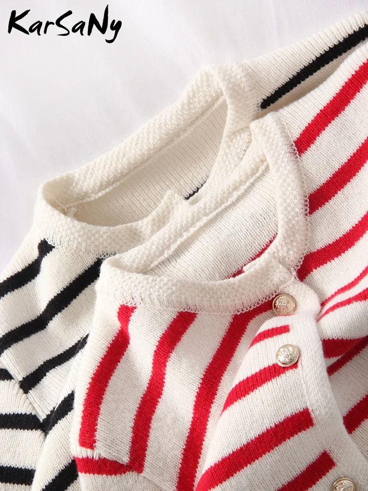 Autumn Women\'s Clothes O-neck Stripes Cardigan Knitted Coats For Woman Long Sleeve Casual Button Slim Sweater Office Lady Outfit