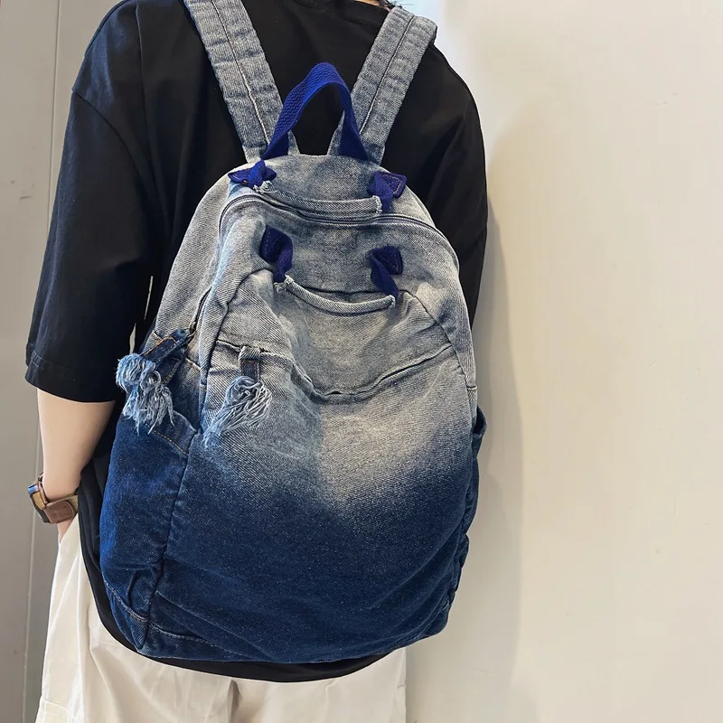 

Washed Denim Canvas Gradient Color Shoulders Backpack Street Trend Fashion Retro Backpacks School Backpack for College Students