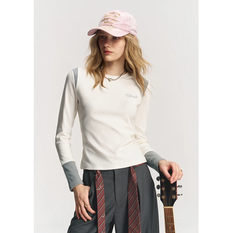 ELFSACK Women's Long Sleeve Patchwork T-Shirt with Contrast Trim & Letter Graphic, Casual Crew Neck Top for Daily Wear
