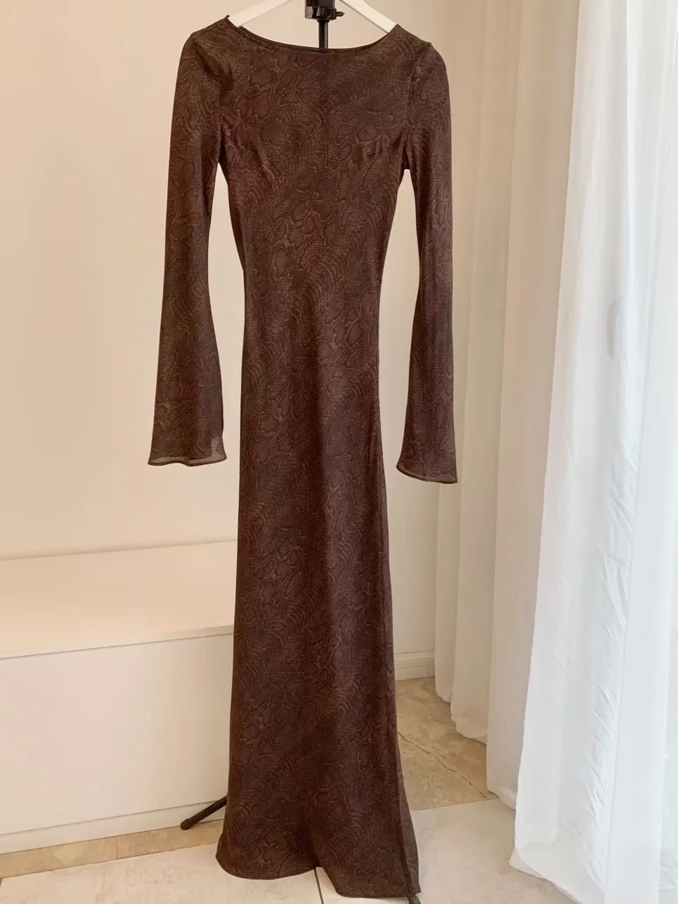 Snake Patterned Women 100% Silk Robe O-Neck Long Sleeve Elegant Slim Maxi Dress