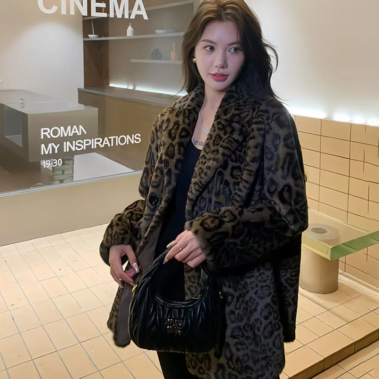 Faux Mink Fur Coat for Women,Double Breasted Jacket,Thick Warm Clothes,Leopard Print,England Style,Autumn and Winter, 2024