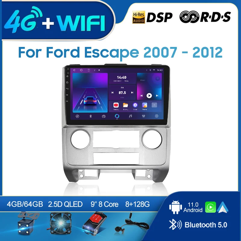 

QSZN для Ford Escape 2007-2012 9-дюймовый 2 din Android 12,0 автомобильный радиоприемник мультимедийный видеоплеер GPS-навигация 4G Carplay головное устройство