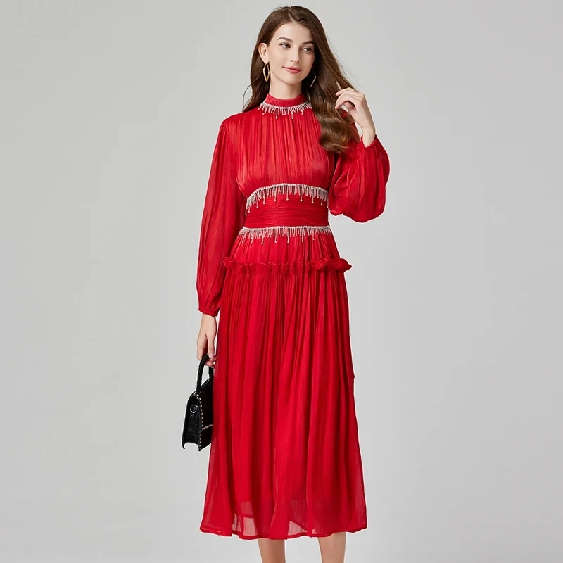 French Designer Fashion Women Organza Stand Collar Party Dress Luxury Spring Diamonds Tassel Ruffles Puff Sleeve Slim Midi Dress