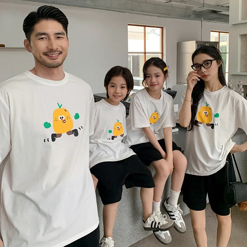 

2026 New Summer Family Matching T-shirts Cute Cartoon Print Cotton Short Sleeve Family Of 3 4 Mommy And Me Casual Soft Tops
