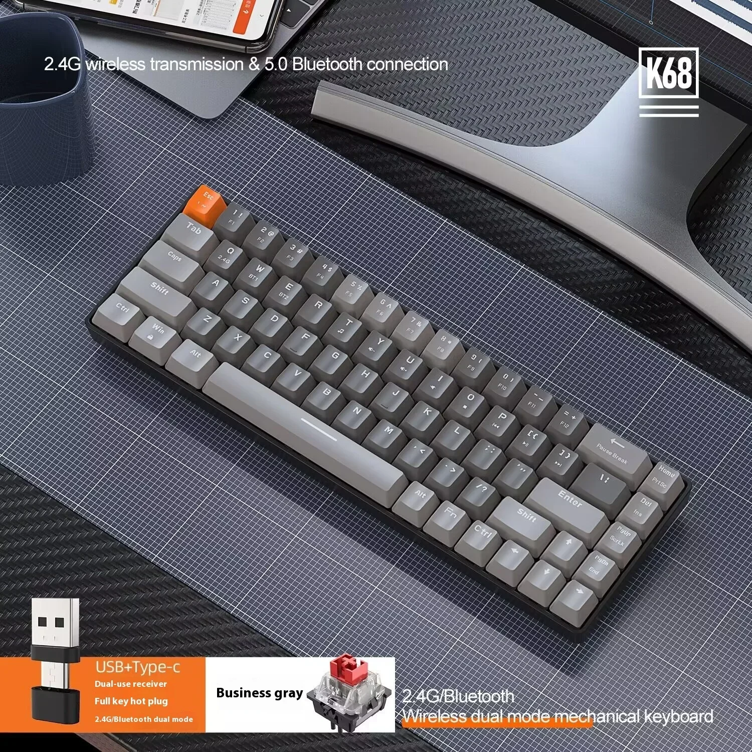 

FreeWolf K68 Bluetooth Wireless Mechanical Keyboard Customized Color Ultra Long Edurance Matching Hot-Swap Gaming Keyboard