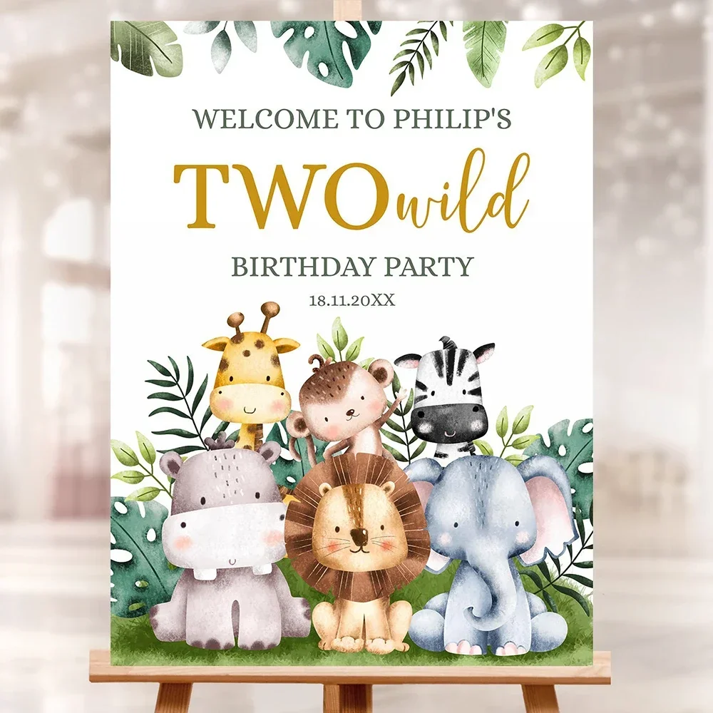 Custom Birthday Welcome Sign Poster Safari Jungle Personalized Art Print Wild Animals Green Gold Wall Picture Boy Party Decor