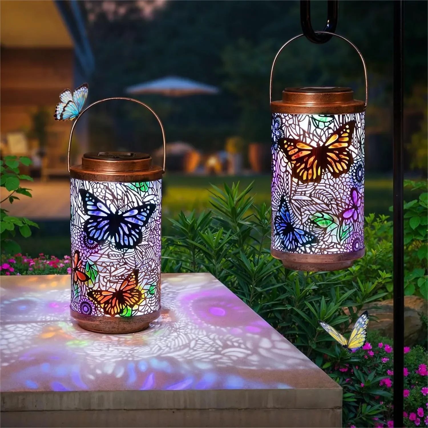 

2Pack Solar Outdoor Lanterns Waterproof Butterfly Garden Gifts for Women, Multicolor Solar Lights for Yard Porch
