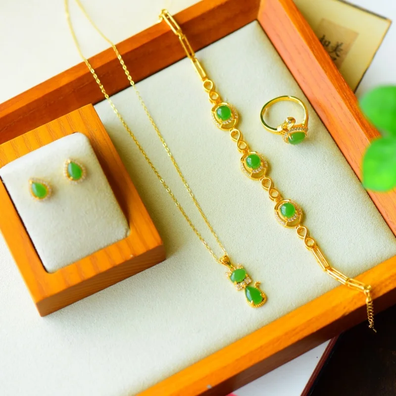 SGARIT Hetian Green Jade Jewelry Set Pendant Earrings Ring Bracelet for Women Luxury Natural Nephrite Chinese Style Gift