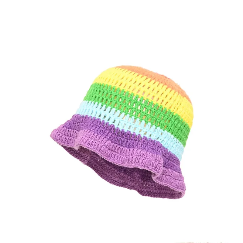 

Lotus Edge Colored Striped Handmade Knitted Hat Children Autumn and Winter Dopamine Warm Versatile Wool Bucket Hat Tide