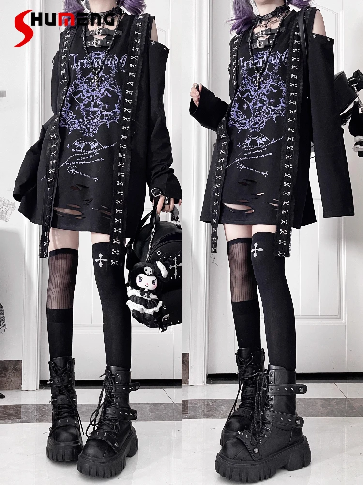 

Original Gothic Subculture Sweet Cool T-shirt Top Spring New Japanese Punk Dark Girl Loose Long-sleeved Off-the-shoulder Tshirts