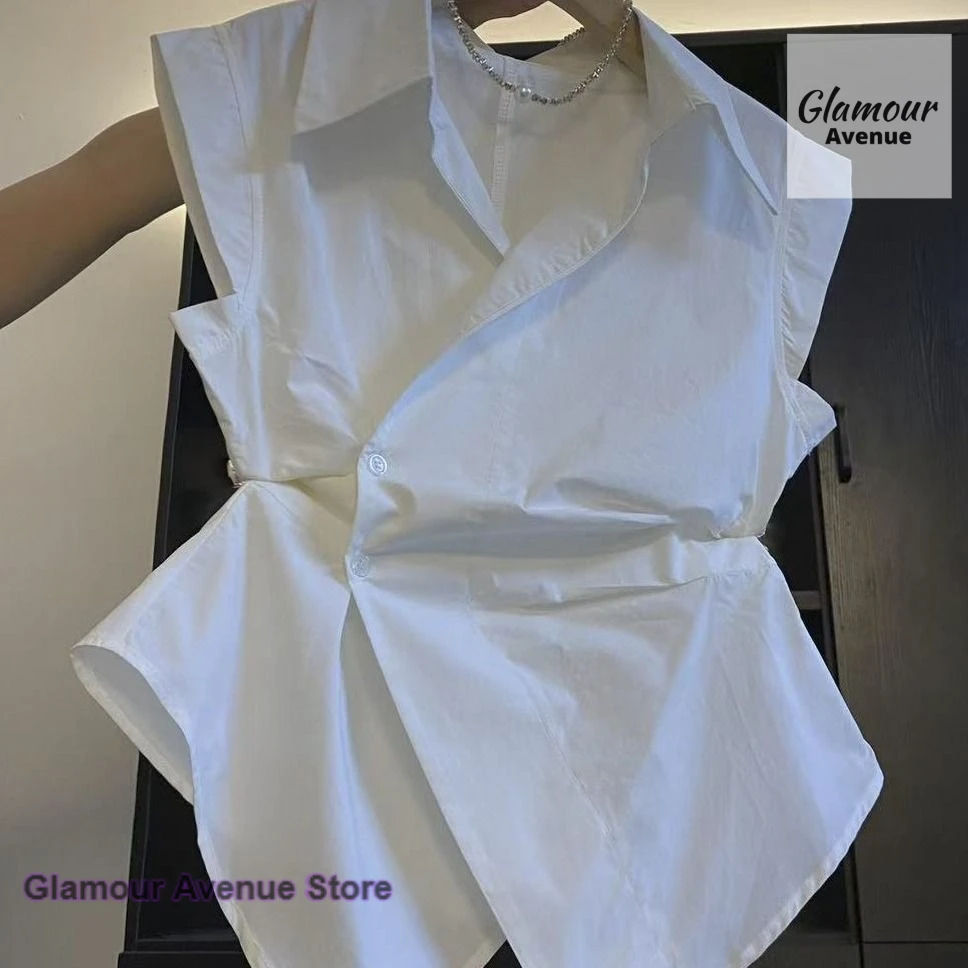 

French solid color pleated irregular POLO collar waist sleeveless shirt women's spring and summer fashion small fragrance top