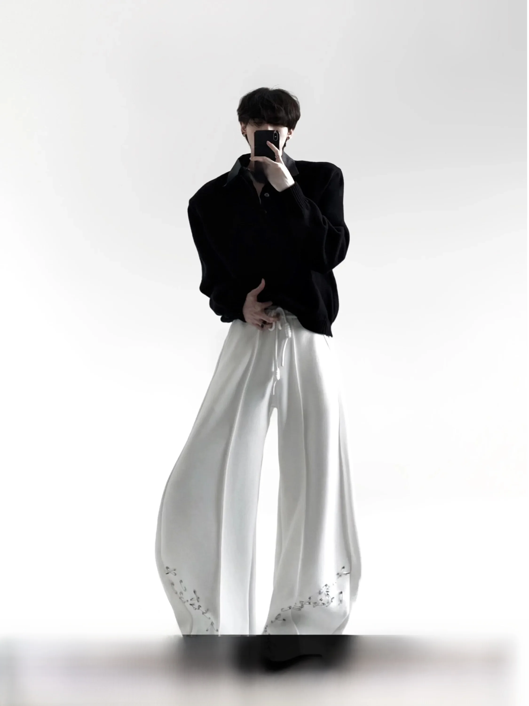 White Metal Design Casual Wide Leg Men's Sweatpants Autumn Mountain Wind Fashion Sensation High Waist Long Pants Youth Trend