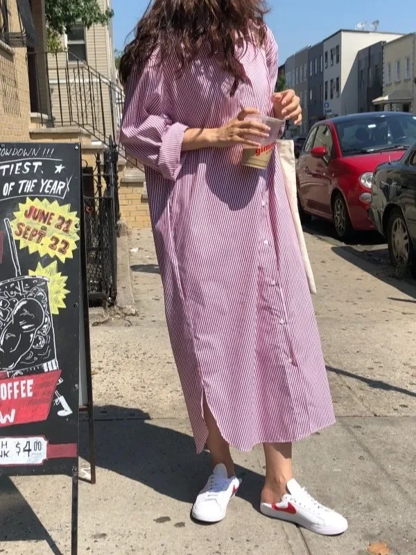 Women's Collar Single Button Striped Loose Fit Meat Covering Maxi Dr Korean Sle Oversize Long irt Dr