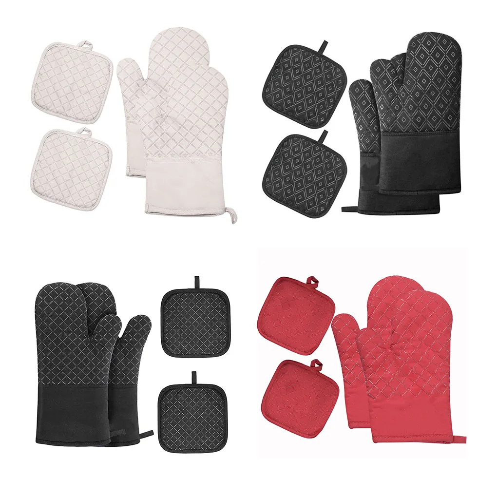 

4 Pieces/Set Oven Portable Gloves Mittens Nonslip Mitts Black Rhomboid