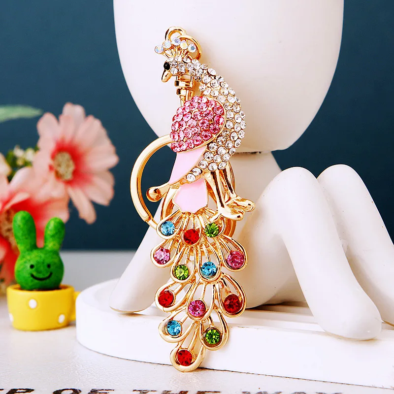 Diamond Peacock Car Keychain Metal Women\'s Bag Pendant Keychain Ring Creative Colorful Pendant Business Gift