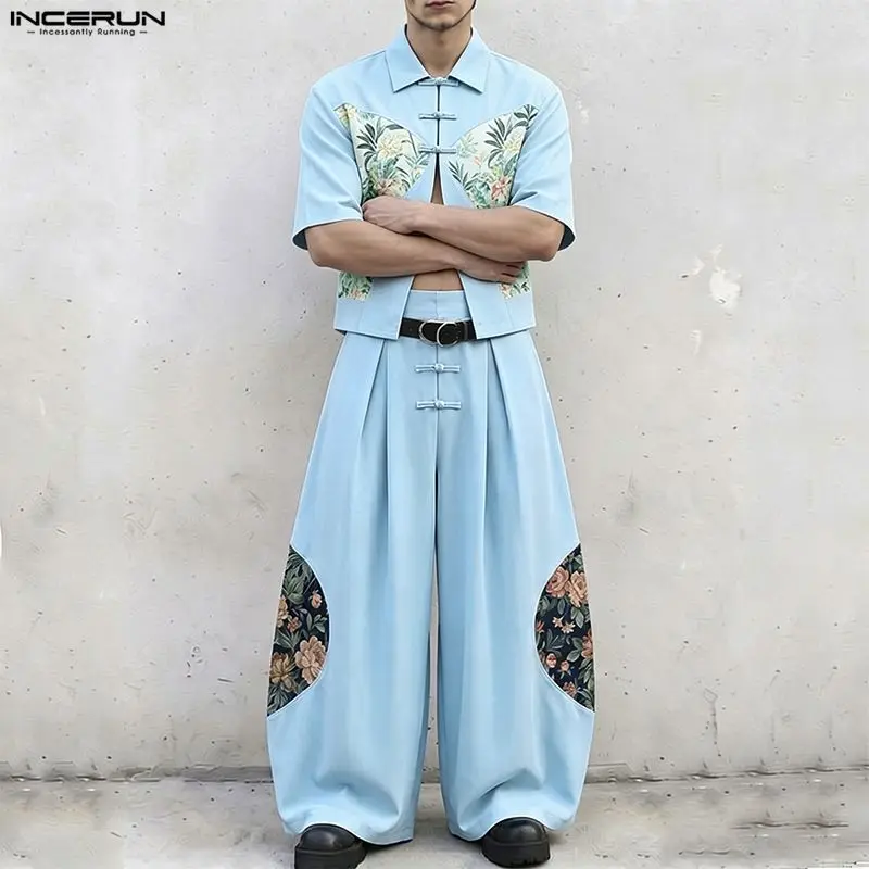 INCERUN Men's Sets Printing Patchwork Lapel Short Sleeve Shirt Wide Leg Pants Two Piece Sets Streetwear 2026 Men Matching Sets - Image 2