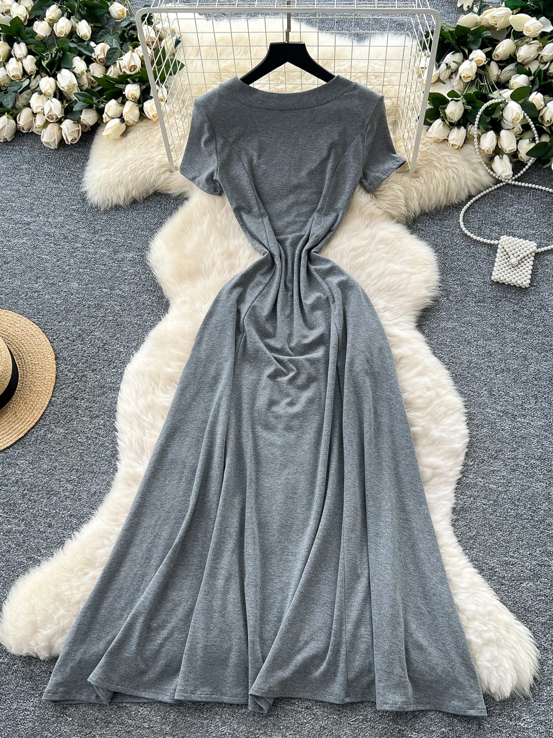 Zomer Casual Losse vrouwen Dr Koreaanse Sle V-Ne ort Sve T-shirt Lange Rok Hoge Taille A-lijn Silhouet Pendelen