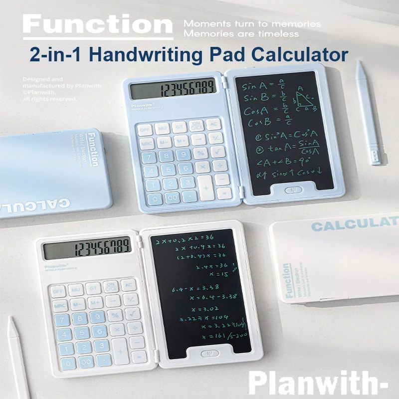 Planwith Calculator Writing Tablet with Stylus Folding 12 Digits Desktop Scientific Calculators Doodle Drawing Memo Erasable Pad