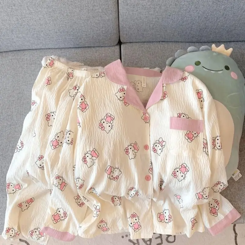 

Комплект пижам Sanrio Hello Kitty из облачного хлопка для девочек-подростков и студенток, весенне-осенняя домашняя одежда, милый, с длинными рукавами и длинными брюками, новинка