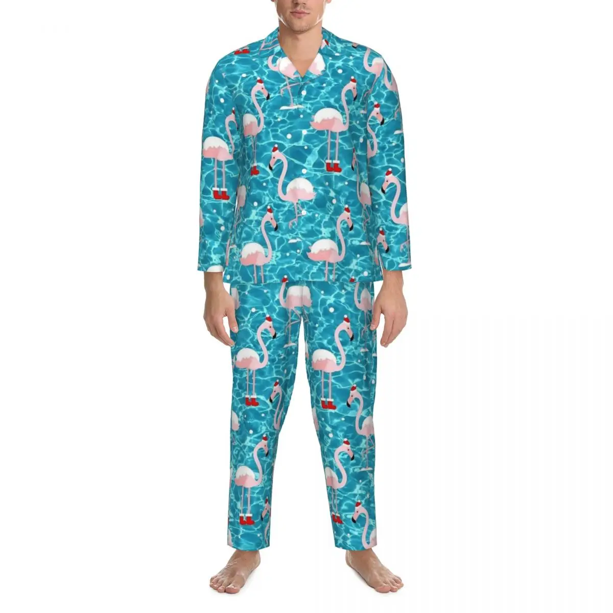 

Christmas Santa Flamingo Xmas Pajama Set Cute Soft Sleepwear Couple Long-Sleeve Casual Loose Sleep 2 Piece Nightwear Big Size