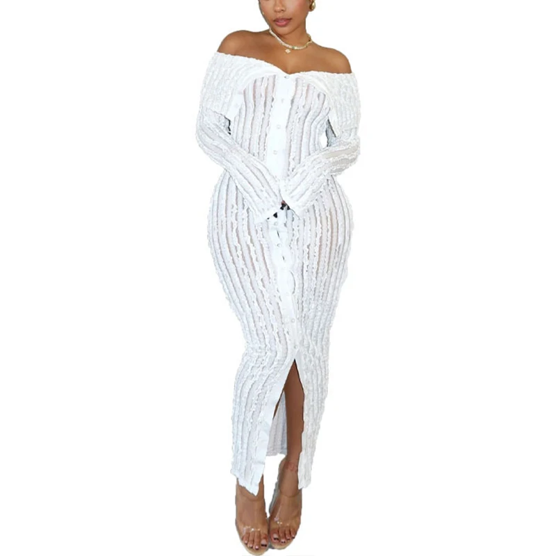 Women's Summer Off Shoulder Bodycon Dress Sexy Long Sleeve Button Down See Through Mesh Sundress Club Party Maxi Dresses Vestido