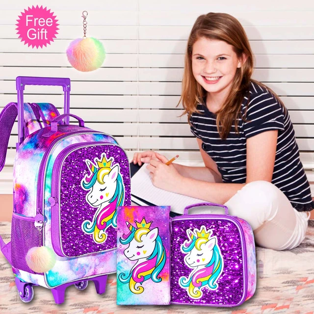 3PCS Rolling Backpack for Girls Kids Unicorn Roller Bookbag with Wheels Wheeled School Bag Set for Elementary Purple AliExpress