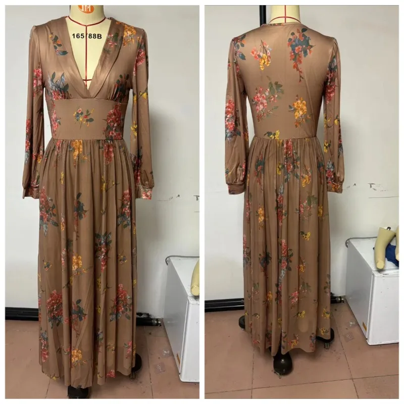 Independent Station,Amazon Long Sleeves Digital Printing V-neck Dress Temperament 2026 European and American Women's Clothing