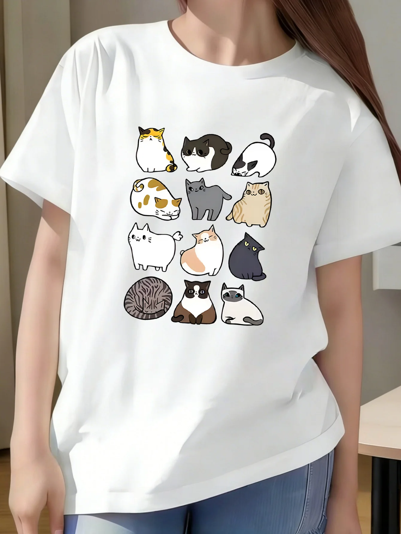 Family Matching T Shirt Lovely Multiple Kittens Grid Graphic Print Short Sleeve Cotton Tee For Boys Girls Kids Daily Casual Wear