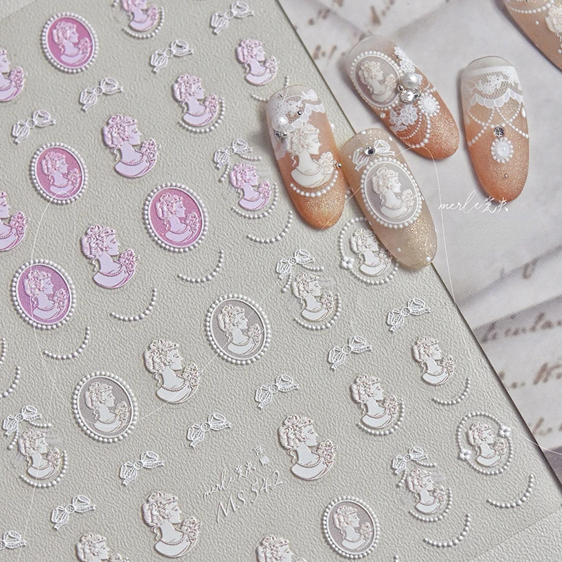 Retro Head Art Gypsum Statue Design Pink Beige Angel Soft Embossed Relief Self Adhesive Nail Art Decoration Stickers Nail Decals