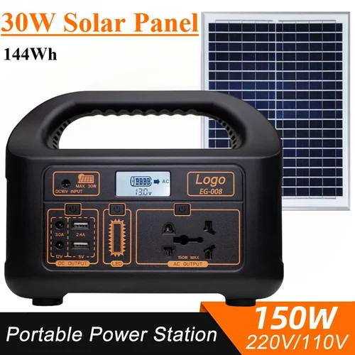 150W 휴대용 파워 스테이션, 태양열 발전기, LiFePO4 배터리, 110V, 220V, 보조배터리 AC, DC 캠핑 에너지 저장 장치, 가정 및 야외, 144Wh 