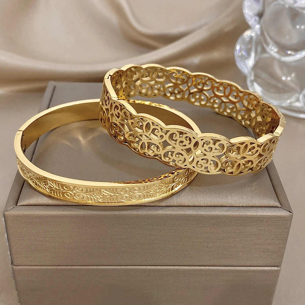 Retro Gothic Stainless Steel Wide Bracelets for Women Men Geometric Textured Carved Gold Plated Cuff Bangle Waterproof Jewelry