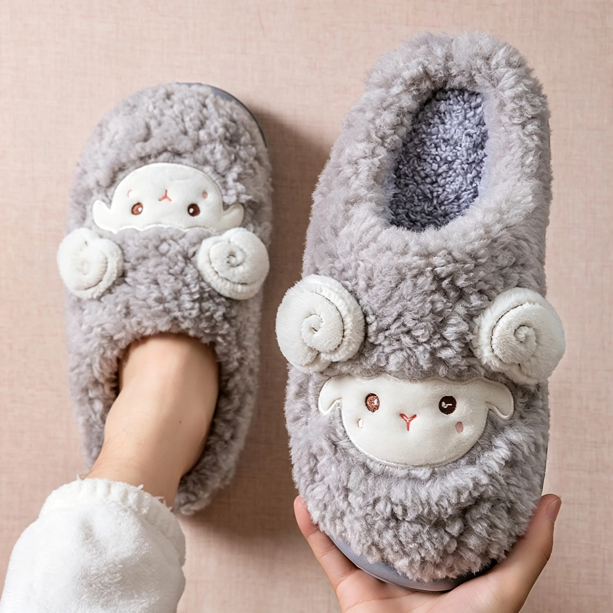 Cotton Cute Sheep Slippers for Men 2026 New Winter Indoor Home Cartoon Warm and Plush Thick Anti Slip Cotton Slippers for Women