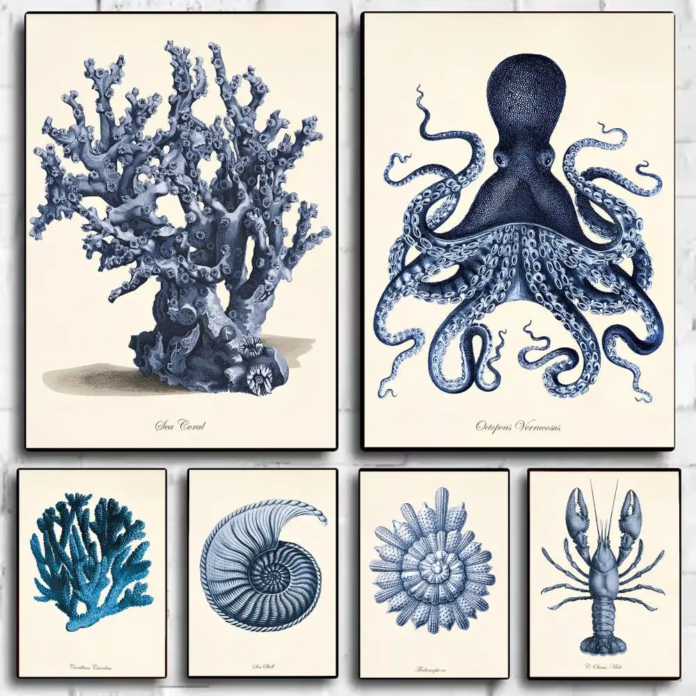 1PC Blue Sea Creature Coral Shrimp Painting Calligraphy Canvas HD Poster Waterproof Fade Resistant Wall Art Print for Home Decor