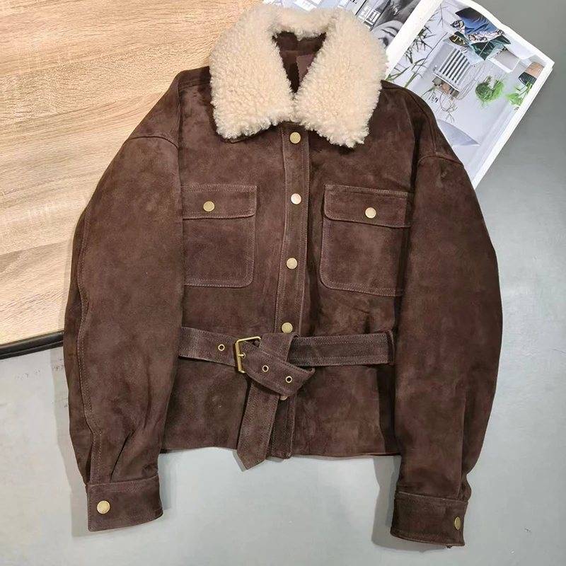 Kurtka damska z prawdziwej skóry zamszowej, modna, wełniany kołnierz, jednorzędowa, z paskiem, dopasowany krój, krótkie płaszcze puchowe, Chaquetas De Mujer